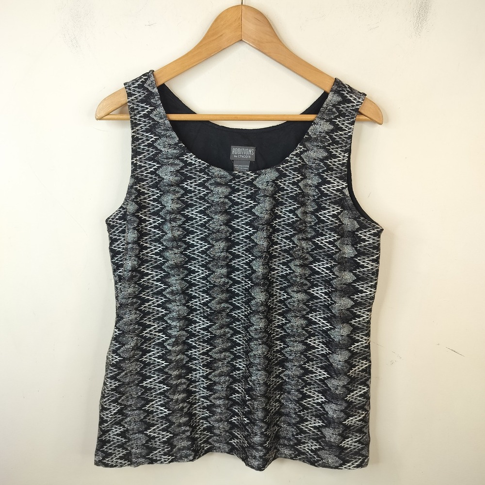 Chico's Additions Tank Top 2 / Large Metallic Lace Zig Zag Black Silver